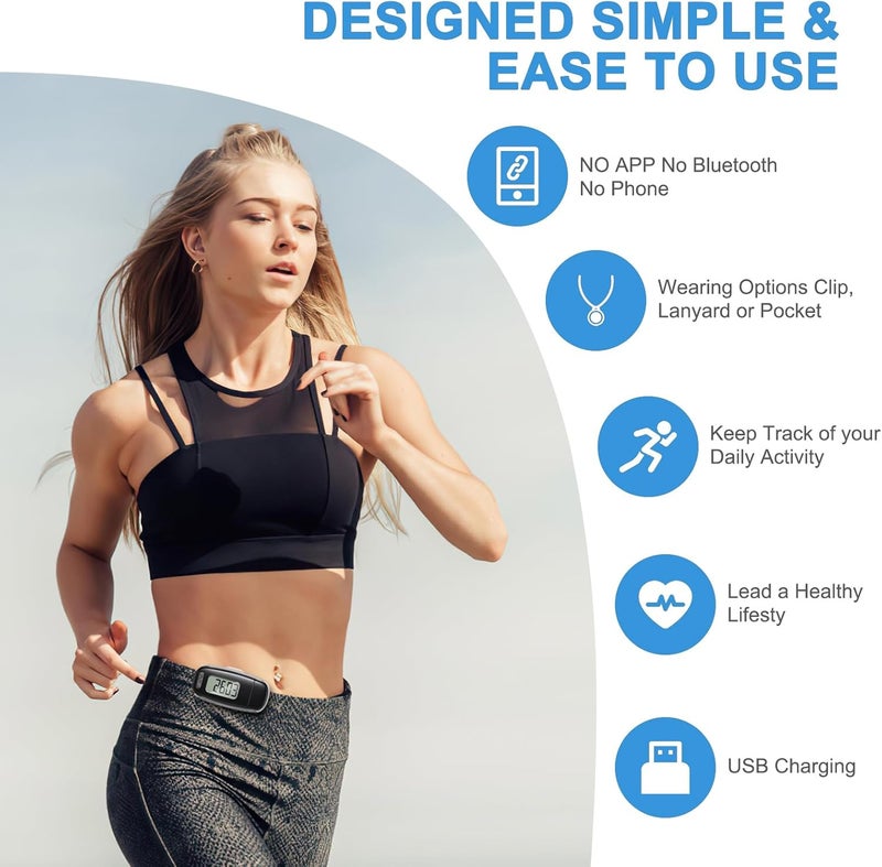 AMIR 3D Pedometer for Walking, Step Counter with LED Backlight, Step Tracker with Removable Clip Lanyard, USB Charging, Accurately Step Counter for Walking for Men, Women, Elderly - Image 2